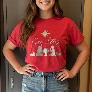 NWOT True Story Jesus Stable Christmas Glitter Silver Ted T Shirt Short Sleeve